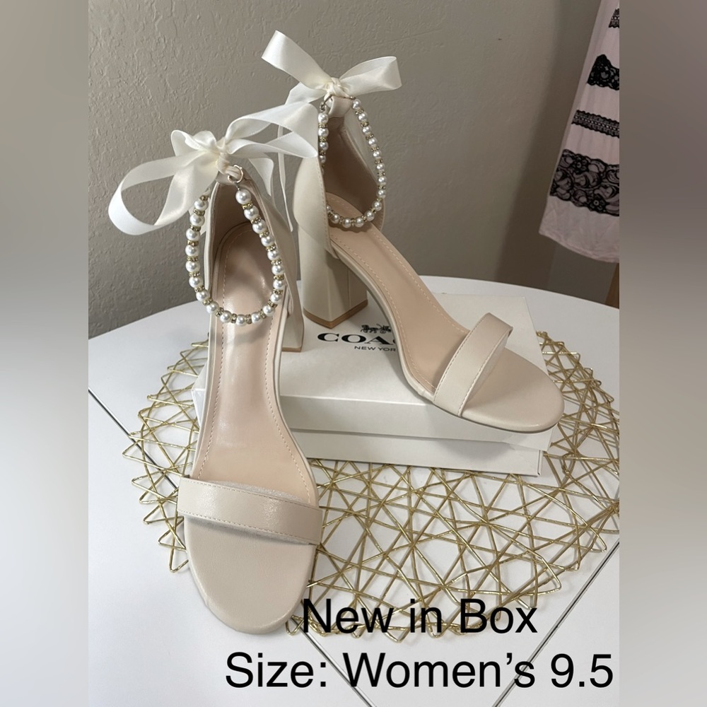Chic Beige Open Toe Heels with Glamorous Beaded Ankle Strap - Size 9.5